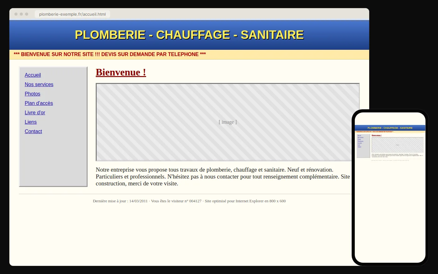 Avant : ancien site internet de plombier, daté, chargé et difficile à lire sur téléphone
